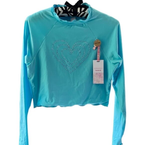 LoveShackFancy x Hurley Rhinestone heart Rashguard Top Turquoise Waves XL NWT - Picture 4 of 16